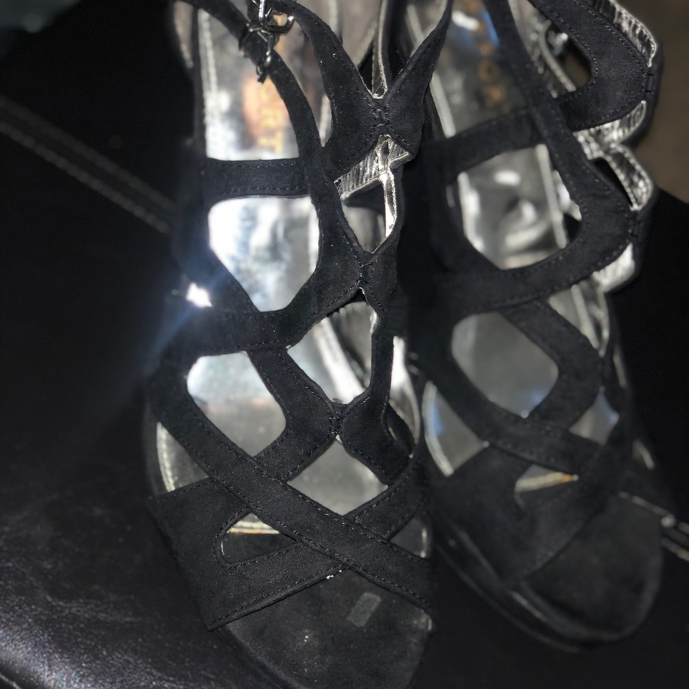 EC Black Spider faux Suede Open Toe  Size 11 Heels. Fabulous